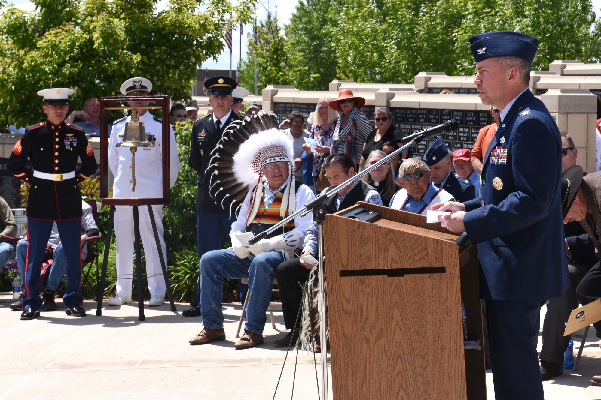 Col. Tom Wilcox, 341st Missile Wing commander, speaks during a ceremony at the Montana Veterans Memorial May 25, 2015, at Great Falls, Mont. Hundreds of people showed up at the memorial to pay tribute to the men and women who have served our country.  (U.S. Air Force photo/Chris Willis)