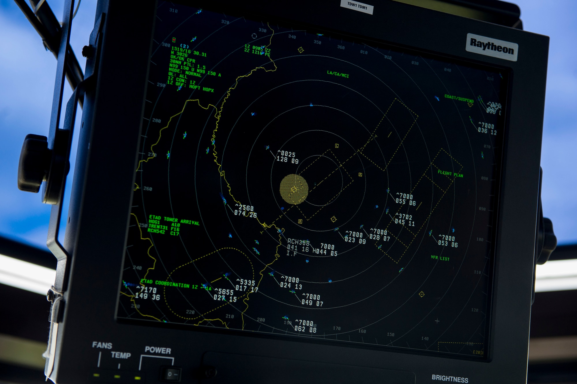 A monitor displays information used by air traffic controllers in the ATC tower at Spangdahlem Air Base, Germany, May 22, 2015. This monitor gives air traffic controllers a bird’s eye view of aircraft in the surrounding area. Community and business leaders toured the air traffic control areas on the flightline as part of the 52nd Fighter Wing’s community relations program. (U.S. Air Force photo by Airman 1st Class Luke Kitterman/Released)
