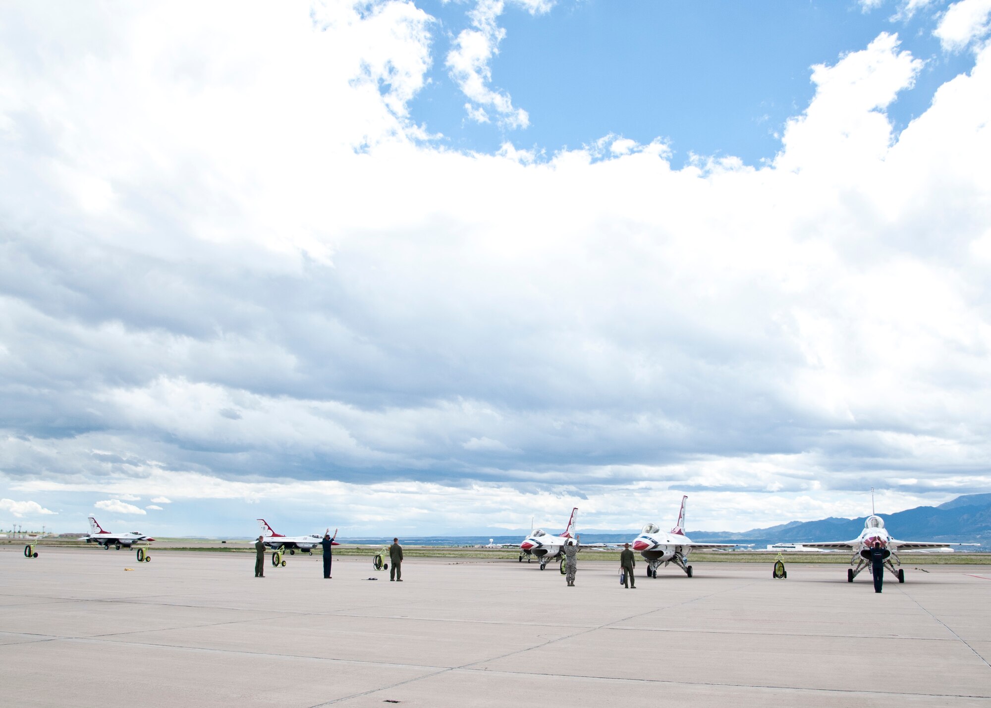 PETERSON AIR FORCE BASE, Colorado – The Air Force Air Demonstration Squadron, or Thunderbirds, arrived at Peterson AFB May 25 to perform at the Air Force Academy graduation and Aurora Air Show. America’s Ambassadors in Blue tour around the world to demonstrate their precision, excellence and dedication to representing Air Force Airmen. (U.S. Air Force photo by Senior Airman Tiffany DeNault)