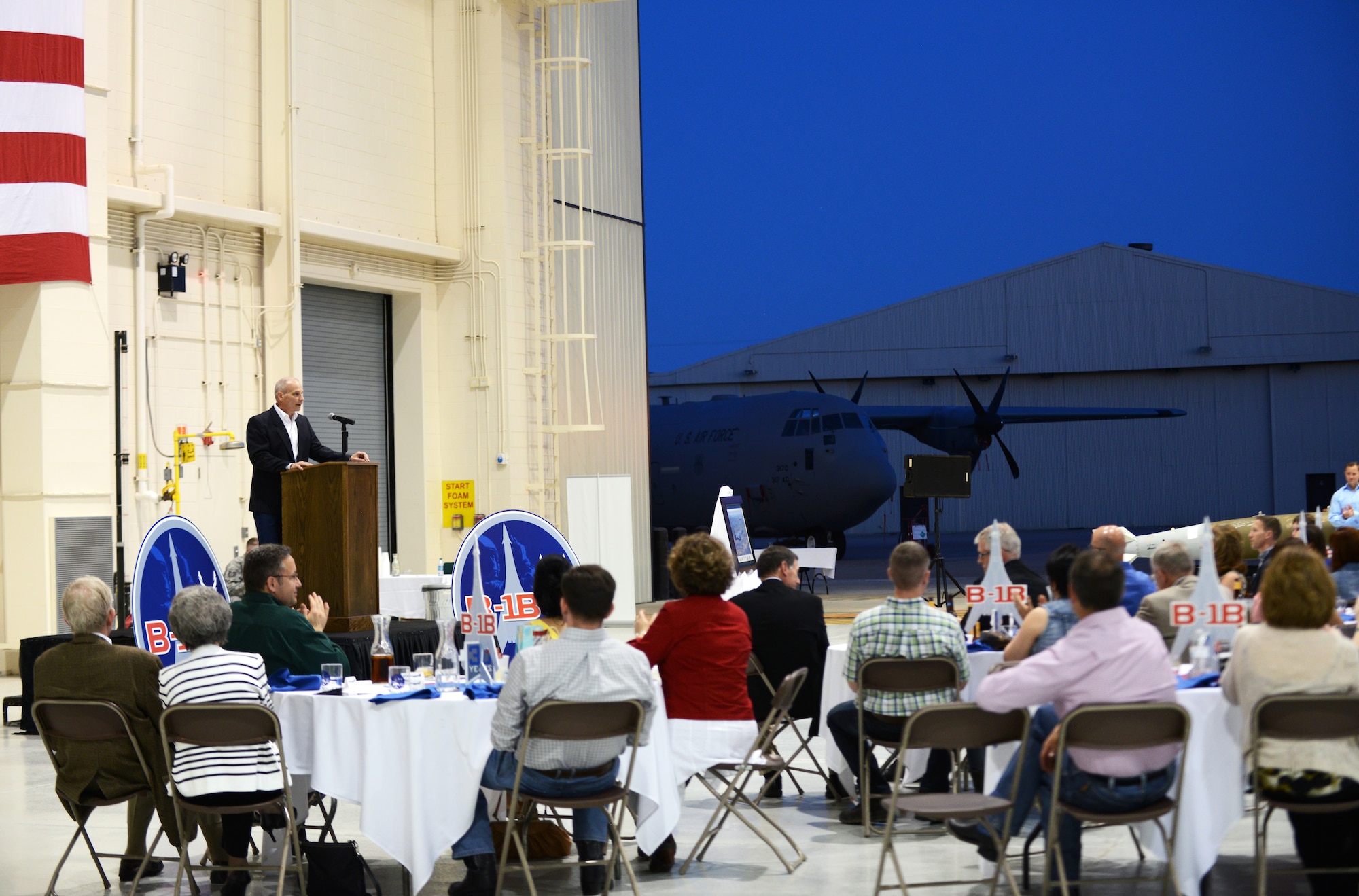 U.S. Air Force Lt. Gen. James Kowalski, U.S. Strategic Command deputy commander, speaks at the B-1B 30th Anniversary Dinner May 1, 2015, at Dyess Air Force Base, Texas. Distinguished guests, retirees and members of the Abilene community were in attendance to celebrate 30 years since the B-1's arrival to Abilene. (U.S. Air Force photo by Airman 1st
Class Kedesha Pennant/Released)
