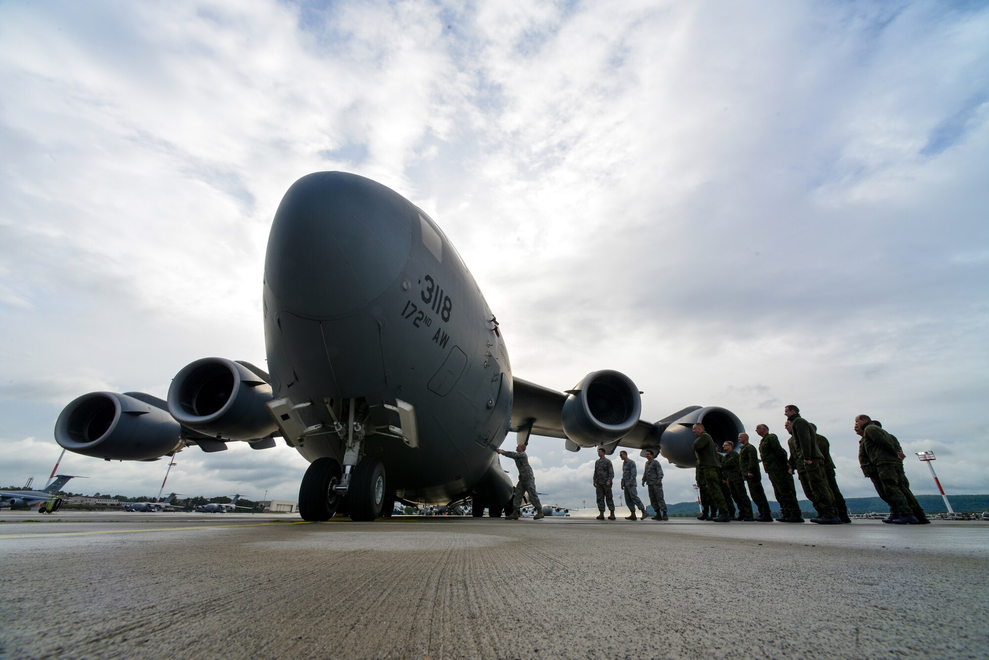 Lithuanian Air Force firefighters tour a C-17 Globemaster III May 20, 2015, at Ramstein Air Base, Germany. Instructors from the 435th Construction and Training Squadron, lead the fire brigade through scenarios that included confined-space rescue, structural collapse, aircraft and structural firefighting, crash recovery and incident command system training. (U.S. Air Force photo /Senior Airman Nicole Sikorski)