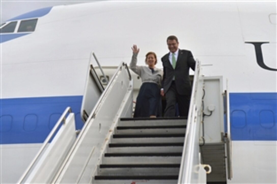 Defense Secretary Ash Carter, and his wife, Stephanie, arrive in Honolulu, May 26, 2015, the first stop on his 10-day trip to the Asia-Pacific. He will attend change-of-command ceremonies for U.S. Pacific Command and U.S. Pacific Fleet. Carter also plans to visit Singapore, Vietnam and India to strengthen regional ties and further develop partnerships. 
