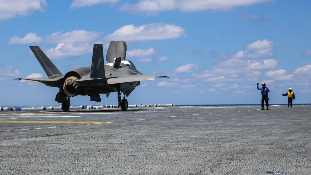 An F-35B Lightning II takes off on the flight deck of USS Wasp (LHD-1) during routine daylight operations, a part of Operational Testing 1, May 22. The F-35B is the future of Marine Corps aviation and will be replacing three legacy platforms: The AV-8B Harrier, the F/A Hornet and the EA-6B Prowler. The F-35B is with Marine Fighter Attack Training Squadron 501, Marine Aircraft Group 31, 2nd Marine Aircraft Wing. 