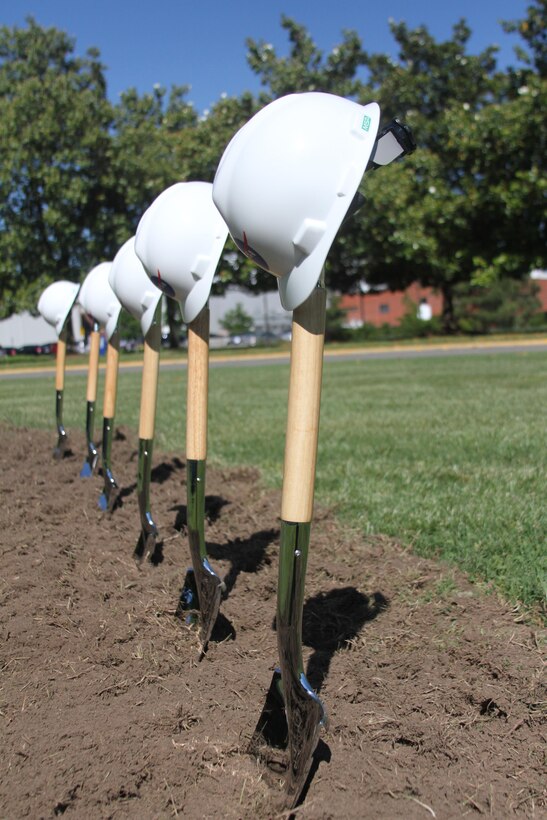 HAMPTON, Va. -- Ceremonial shovels and hard hats stand on the site of the future NASA Computational Research Facility during a groundbreaking ceremony at NASA Langley Research Center May 22, 2015. The 40,000-square-foot center; the construction of which will be overseen by the Norfolk District, U.S. Army Corps of Engineers; will provide a consolidated data center and high-density office space. (U.S. Army photo/Kerry Solan)
