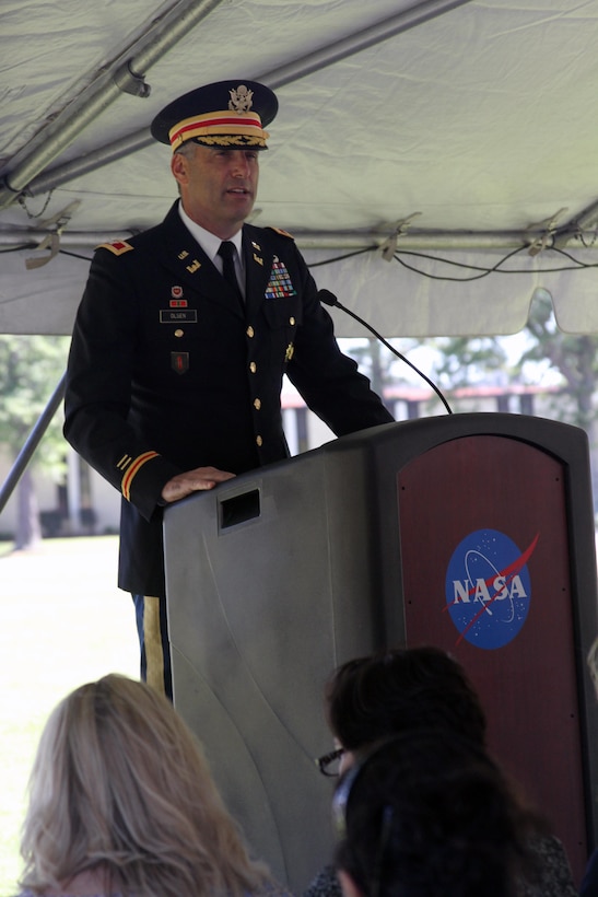 HAMPTON, Va. -- Col. Paul Olsen; Norfolk District, U.S. Army Corps of Engineers commander, delivers remarks during the NASA Computational Research Facility groundbreaking ceremony at NASA Langley Research Center May 22, 2015. The 40,000-square-foot center; the construction of which will be overseen by the Norfolk District will provide a consolidated data center and high-density office space. (U.S. Army photo/Kerry Solan)