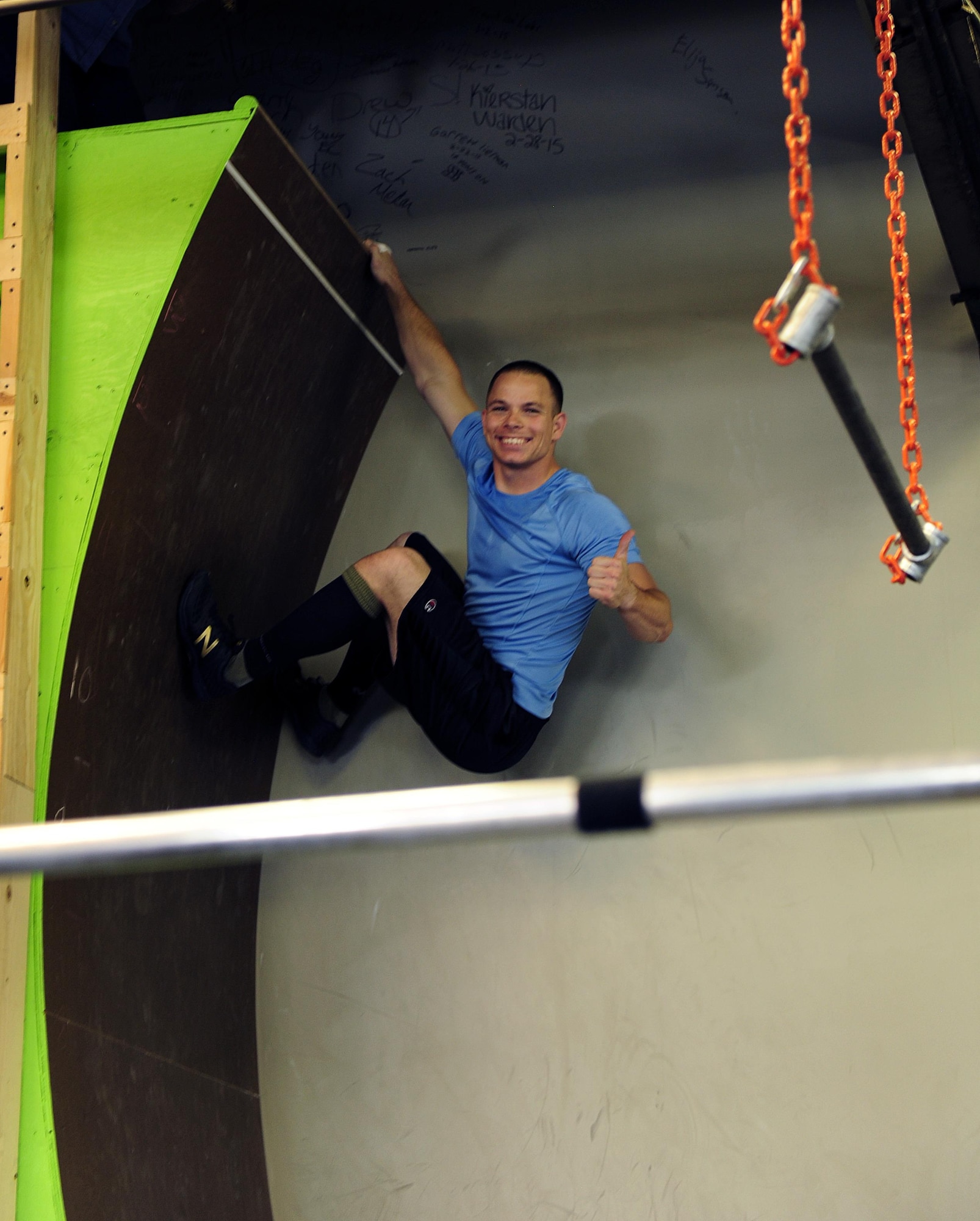 Staff Sgt. Randall Forsythe trains May 21, 2015, to compete on the TV show American Ninja Warrior. Forsythe, a 375th Civil Engineer Squadron firefighter, found out he was selected to represent the Air Force on a special military tribute episode. (U.S. Air Force photo/Staff Sgt. Stephenie Wade)