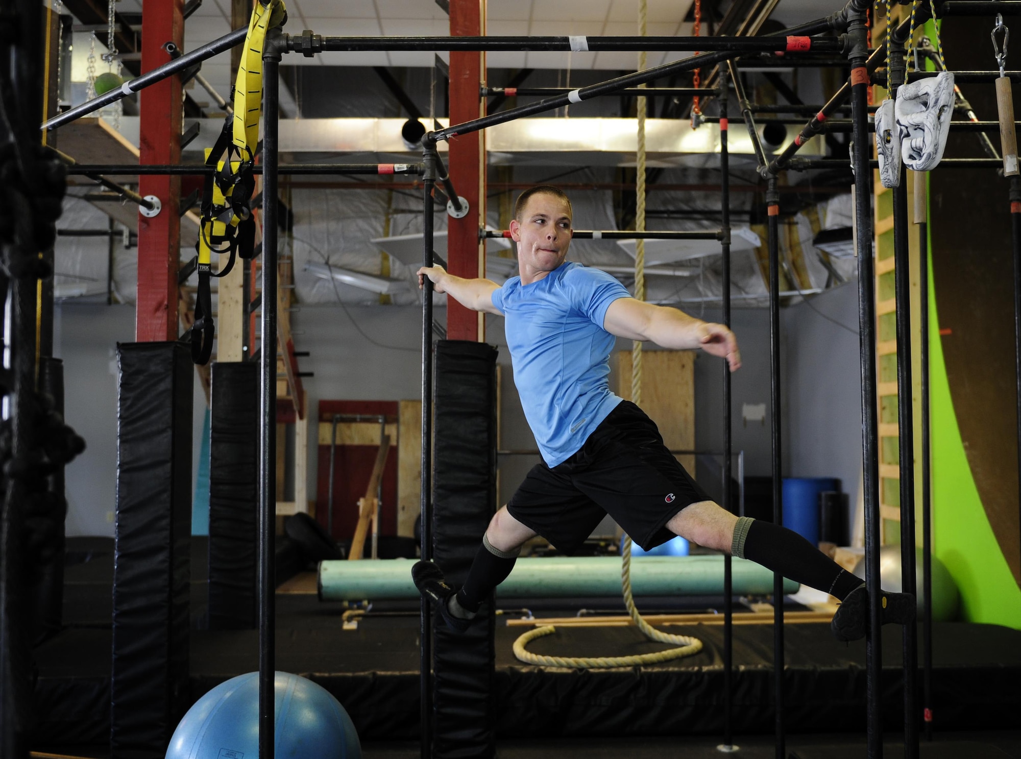 Staff Sgt. Randall Forsythe trains May 21, 2015, to compete on the TV show American Ninja Warrior. Forsythe, a 375th Civil Engineer Squadron firefighter, found out he was selected to represent the Air Force on a special military tribute episode. (U.S. Air Force photo/Staff Sgt. Stephenie Wade)
