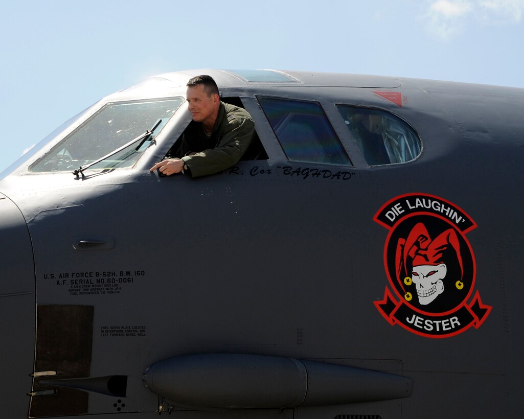 U.S. Air Force Lt. Col. Michael Rimsky, commander of the 11th Bomb Squadron, takes one last look from the pilot’s seat after landing a B-52H Stratofortress on his last mission on May 14, 2015, at Barksdale Air Force Base , La. Rimsky served as the commander of the squadron for the past two years. (U.S. Air Force photo by Master Sgt. Laura Siebert/Released)