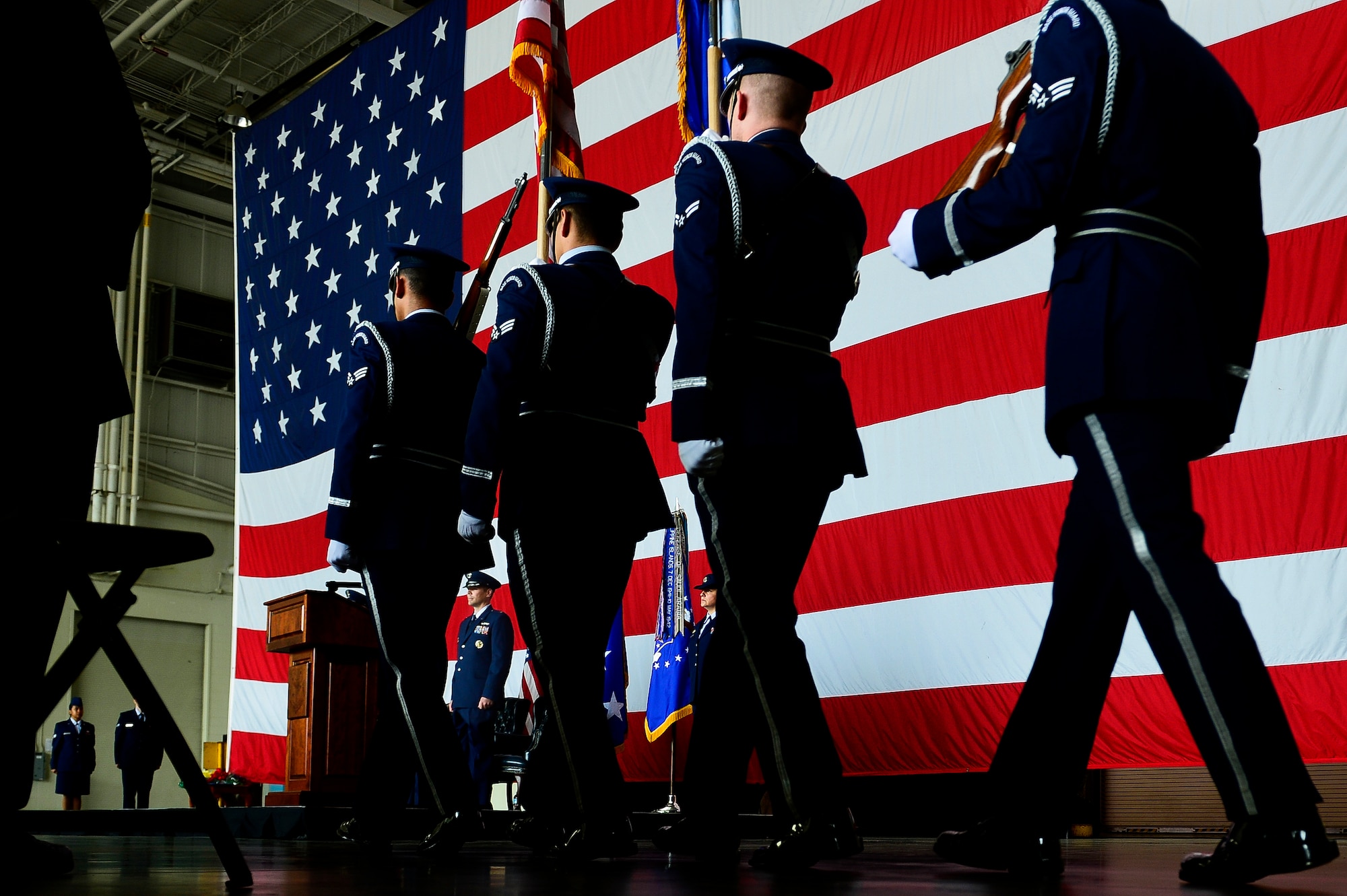 Members of the Little Rock Air Force Base Honor Guard post the colors during the 19th Airlift Wing change of command ceremony May 27, 2015, at Little Rock Air Force Base, Ark. The ceremony welcomed Col. Charles Brown Jr., the incoming wing commander. (U.S. Air Force photo by Tech. Sgt. Russ Scalf)
