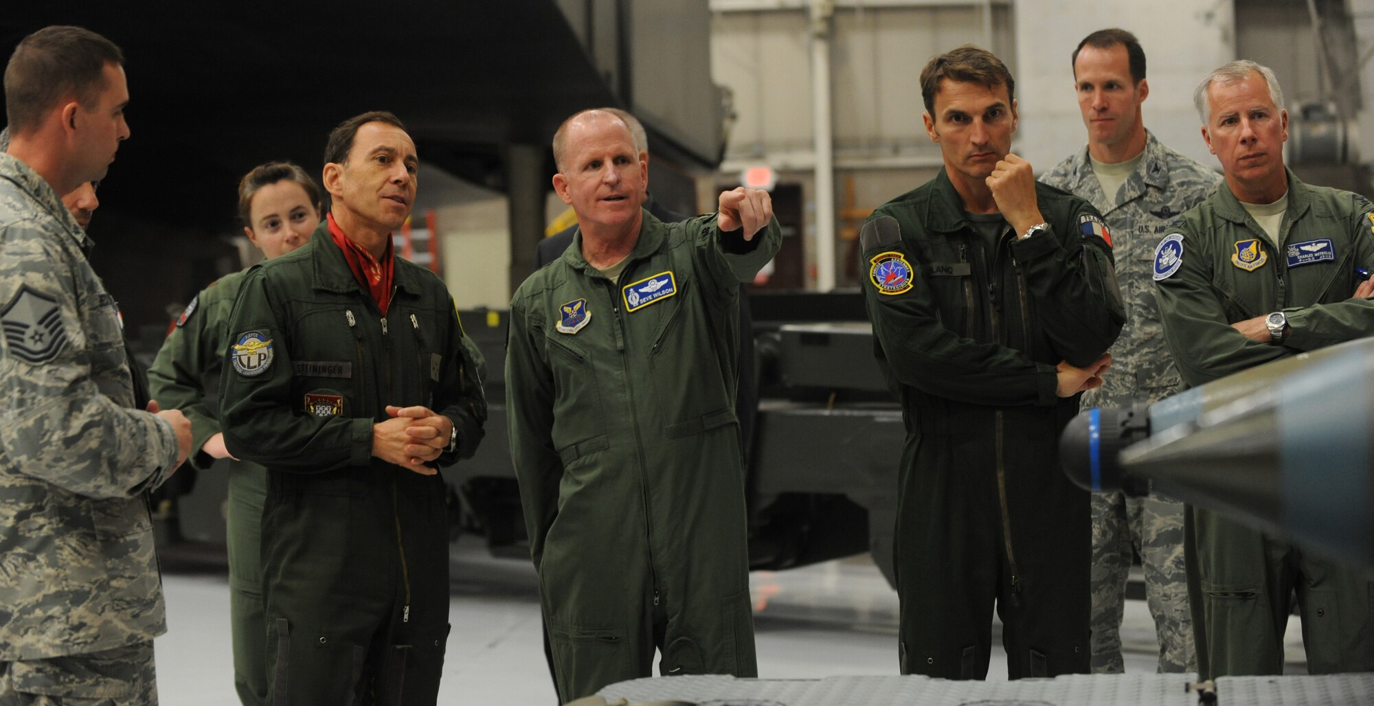 U.S. Air Force Lt. Gen. Stephen Wilson, Air Force Global Strike Command commander, explains the wing’s mission to Lt. Gen. Philippe Steininger, commander of the French Air Force’s Strategic Air Forces Command, at Whiteman Air Force Base, Mo., May 26, 2015. Since its standup in 2009, AFGSC has worked to build and maintain a strong relationship with its allies in the French air forces. (U.S. Air Force photo by Staff Sgt. Alexandra M. Longfellow/Released)
