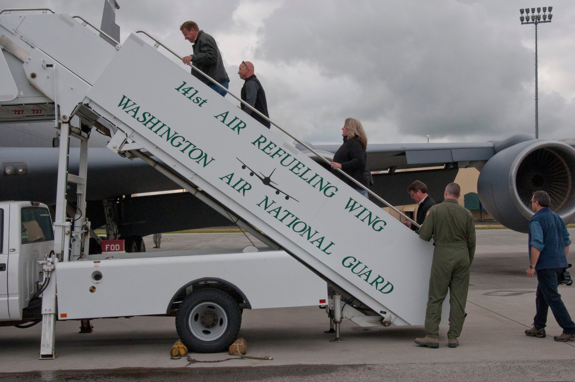 Members of the West Plains Chamber of Commerce board a KC-135 Stratotanker air refueling aircraft for an orientation flight May 26, 2015, at Fairchild Air Force Base, Wash. Twenty one WPCC members were provided an opportunity to see the Air Force’s air refueling mission firsthand, viewing the refueling of a C-17 Globemaster III cargo aircraft from Joint Base Lewis-McChord, Wash., and F-15 Eagles from the 173rd Fighter Wing stationed at Klamath Falls, Ore. (U.S. Air Force Photo/Capt. David A. Liapis)