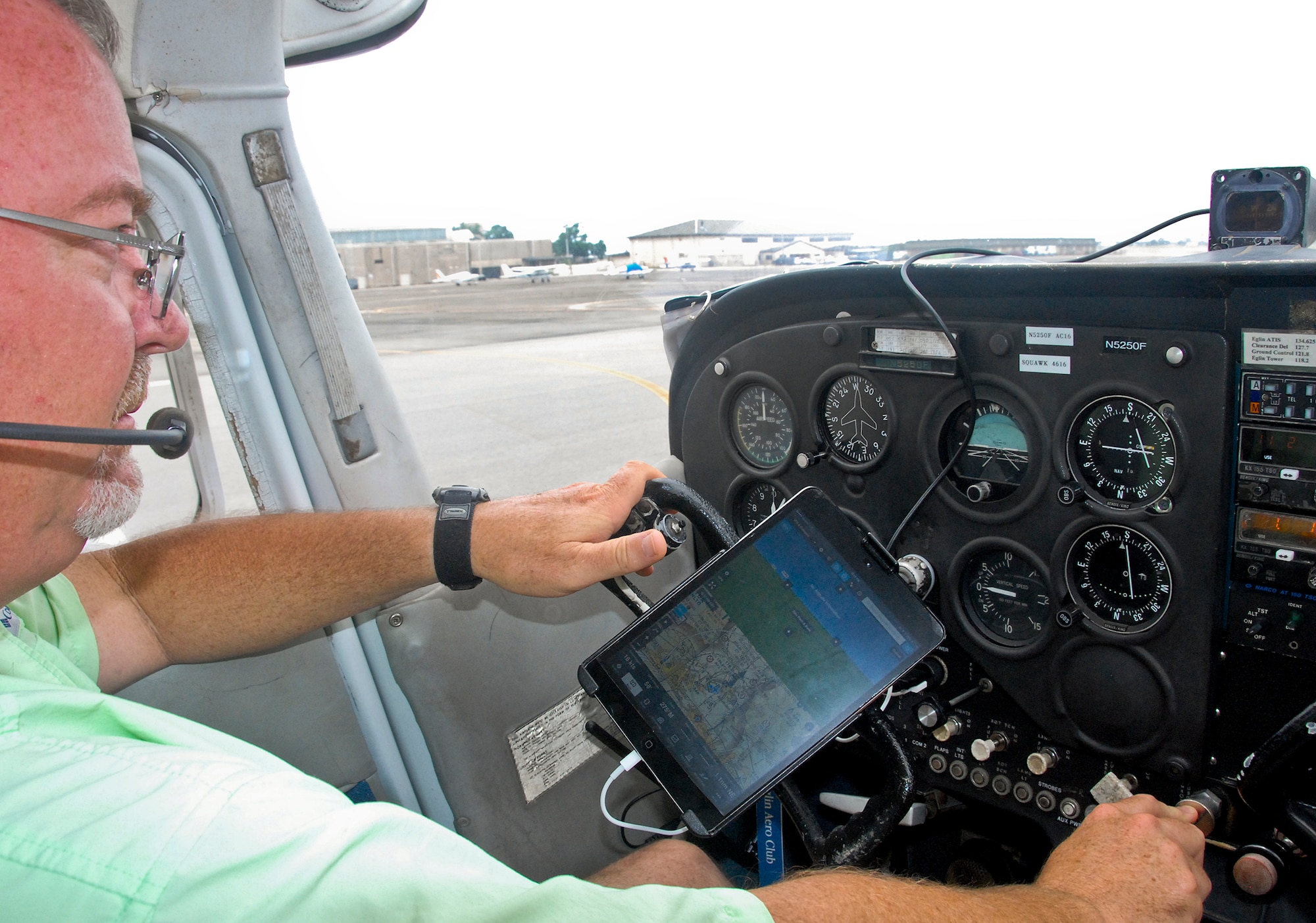 John Kingsley, a volunteer pilot with approximately 750 hours of flight time in various aircraft, conducts an instrument check before taking passengers on a 20-minute Aero Club orientation flight May 25 at Eglin Air Force Base, Fla.  The Aero Club also offers anyone with base access the opportunity earn their private pilot’s license and many other airplane operator certifications. (U.S. Air Force photo/Kevin Gaddie)