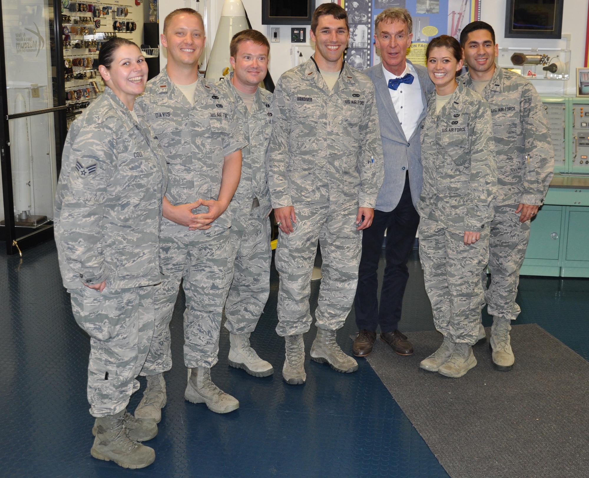 Members of Team Patrick-Cape pose with Bill Nye, Planetary Society CEO, at the Air Force Space and Missile History Center, prior to a press conference, May 20, 2015, at Cape Canaveral Air Force Station, Fla. Team Patrick-Cape hosted Bill Nye the Science Guy and the Planetary Society team for a tour of CCAFS and met with several Airmen. (U.S. Air Force photo/Heidi Hunt) (Released)