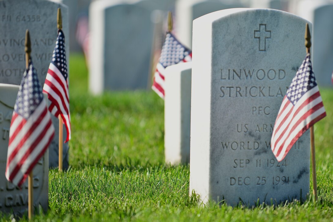 American flags are displayed near headstones at the Hampton National Cemetery during a Memorial Day Ceremony in Hampton, Va., May 25, 2015. Flags were placed at each gravesite to honor those who paid the ultimate price for freedom of the United States and its allies in accordance with Memorial Day. (U.S. Air Force photo by Senior Airman Kimberly Nagle/Released)  