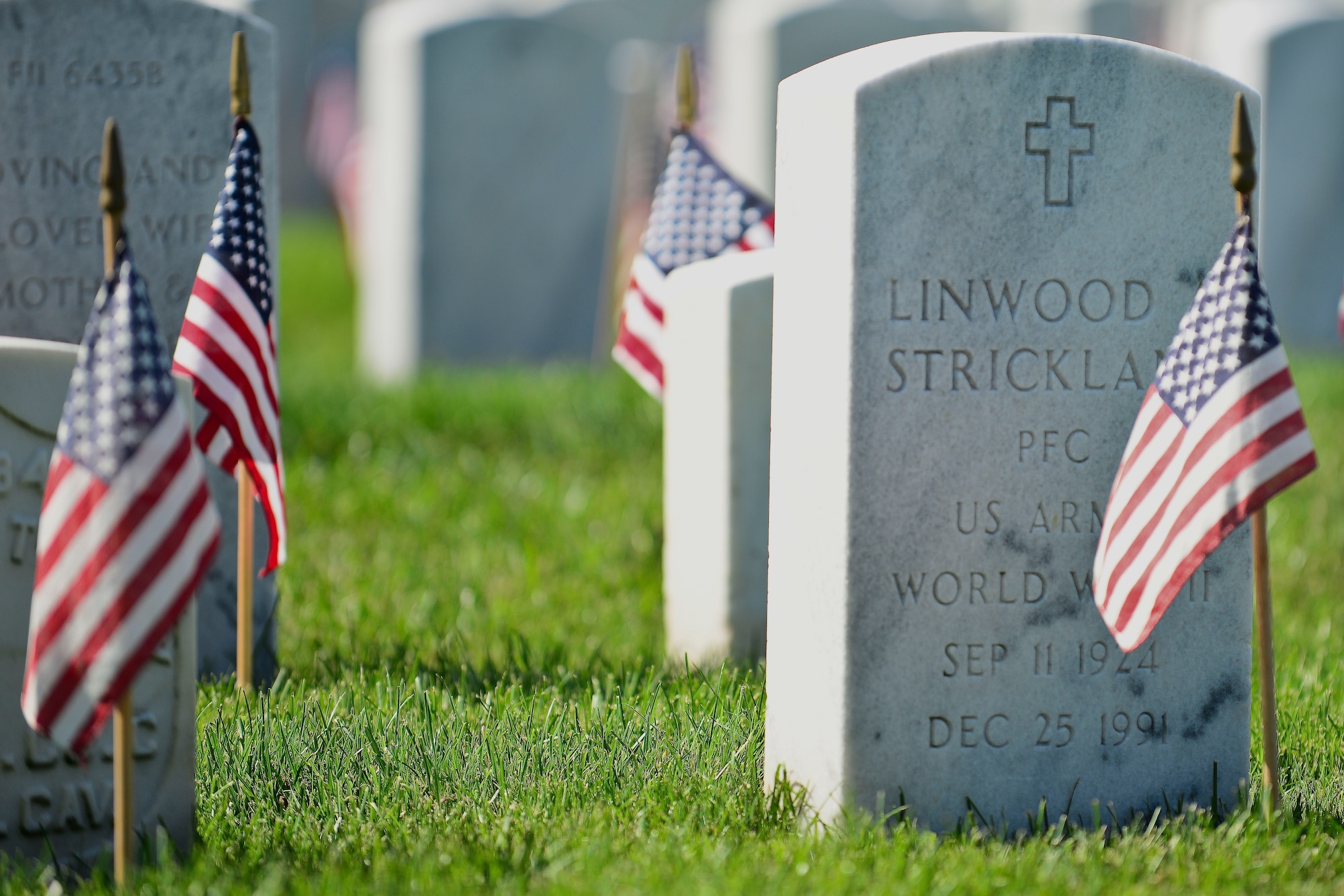 American flags are displayed near headstones at the Hampton National Cemetery during a Memorial Day Ceremony in Hampton, Va., May 25, 2015. Flags were placed at each gravesite to honor those who paid the ultimate price for freedom of the United States and its allies in accordance with Memorial Day. (U.S. Air Force photo by Senior Airman Kimberly Nagle/Released)  