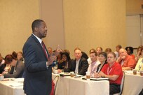 Small Business Training Workshop attendees share best practices
Kenyata Wesley, Office of Small Business Programs acting director, speaks to attendees at the Air Force Small Business Training Workshop held May 12-14 at the Eilan Hotel in San Antonio. The business workshop brings Air Force small business specialists and major command directors from across the Air Force together to address challenges, share best practices and convene with Air force senior leaders. (U.S. Air Force photo by Joel Martinez/RELEASED)
