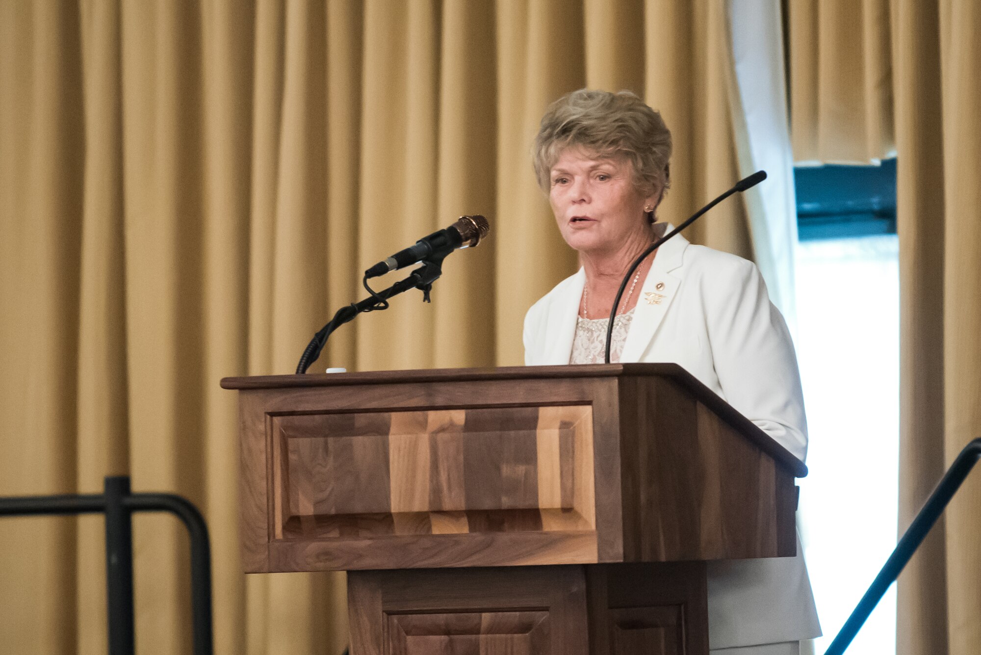 Judi Tapper, New Jersey Gold Star Mothers president, speaks during the 33rd Annual Parade of Wreaths honoring fallen warriors May 21, 2015, at Tommy B’s Community Activities Center at Joint Base McGuire-Dix-Lakehurst, N.J. Tappers’ son, Petty Officer 1st Class David Tapper, was a 13-year Navy SEAL and one of the SEALS who rescued Pvt. Jessica Lynch on April 1, 2003. He was killed in Afghanistan Aug. 20, 2003, during his third combat tour. (U.S. Air Force photo by Russell Meseroll/Released)
