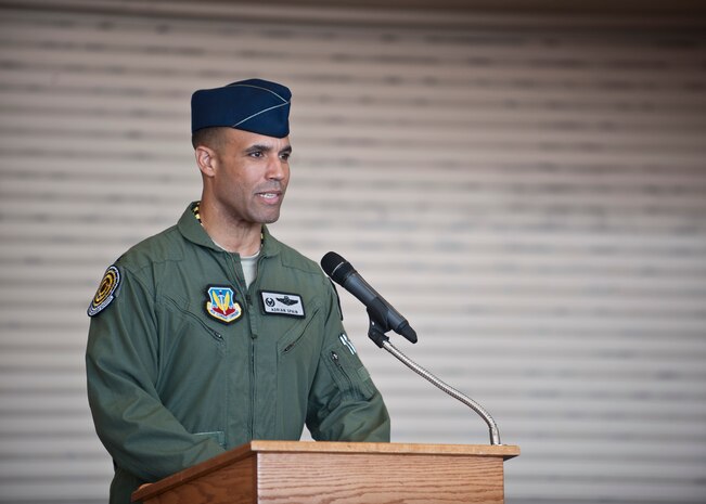 Col. Adrian Spain, former U.S. Air Force Weapons School commandant, speaks during the USAFWS’s change of command ceremony at Nellis Air Force Base, Nev., May 26, 2015. After leading the Weapons School for two years, Spain will be moving on to his next assignment at Eglin AFB, Florida, as the 53rd Wing commander. (U.S. Air Force photo by Staff Sgt. Siuta B. Ika)