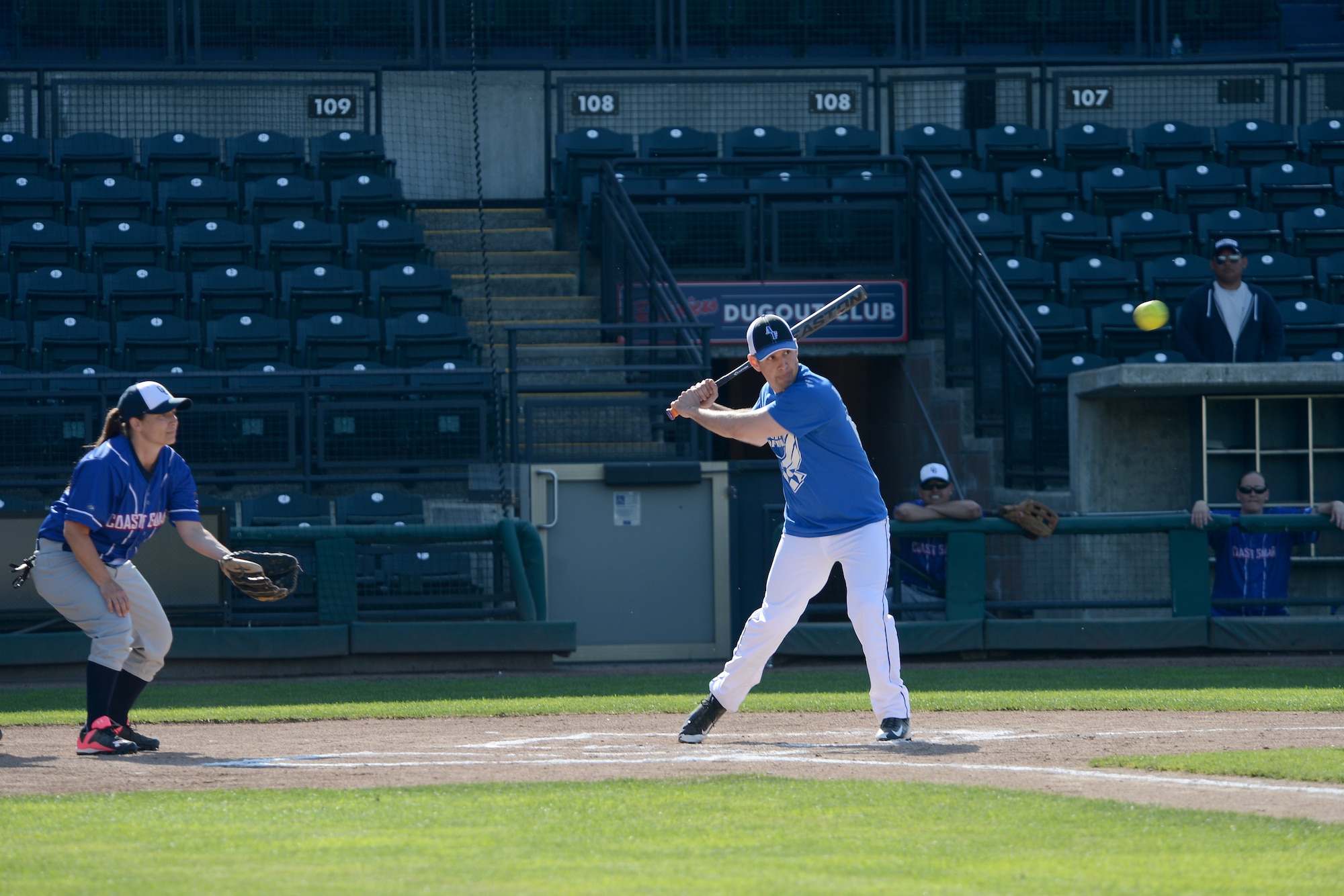 Staff Sgt. Christopher Poche, McChord Field Air Force softball team right fielder, hits a softball May 20, 2015, during a softball game against the Coast Guard at Cheney Stadium in Tacoma, Wash. The McChord Field Air Force softball team competed against other military branches in a six-game, single-elimination tournament. (U.S. Air Force photo/Airman 1st Class Keoni Chavarria)
