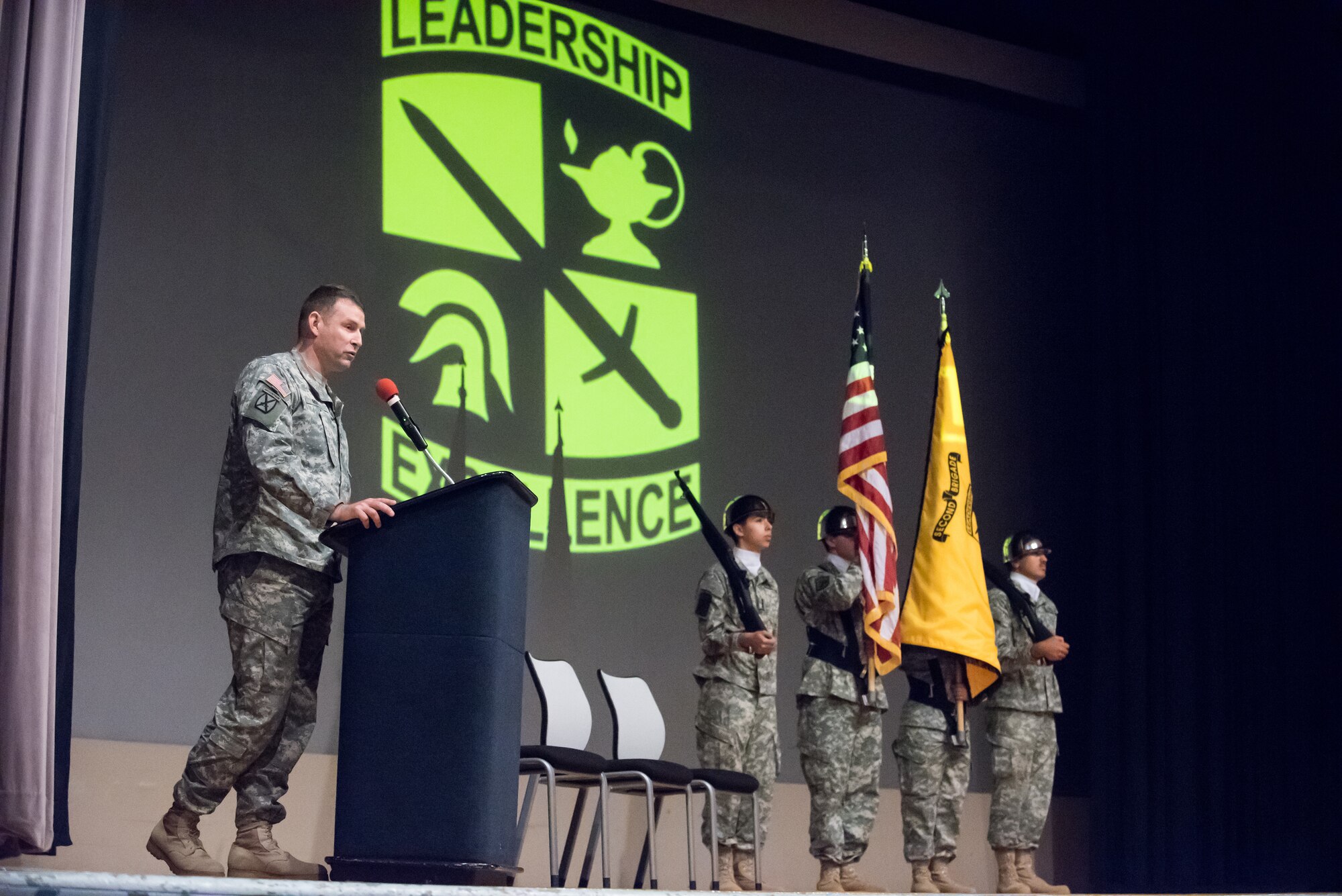 U.S. Army Col. Kenneth Mintz, 2nd Brigade incoming commander, speaks at his change of command ceremony May 20, 2015, on Joint Base McGuire-Dix-Lakehurst, N.J. The 2nd Brigade is responsible for leading and training the Army’s future commissioned leaders. (U.S. Air Force photo by Russ Meseroll/Released)