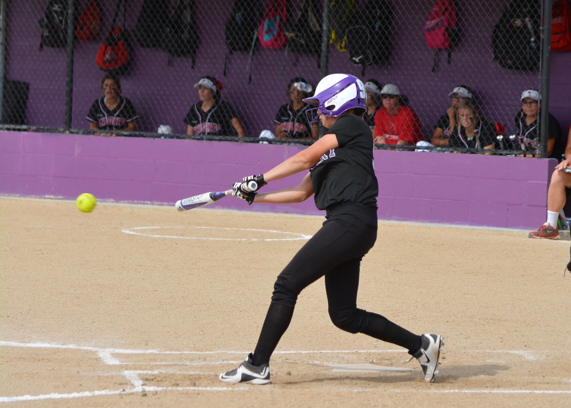 Freshman Chloe Asanon, from Desert High School, hits a single during the second round game of the CIF-Southern Section Division 6 playoffs May 26 at DHS. The DHS team finished 15-9 in the regular season. (U.S. Air Force photo by Kim Lathrop)