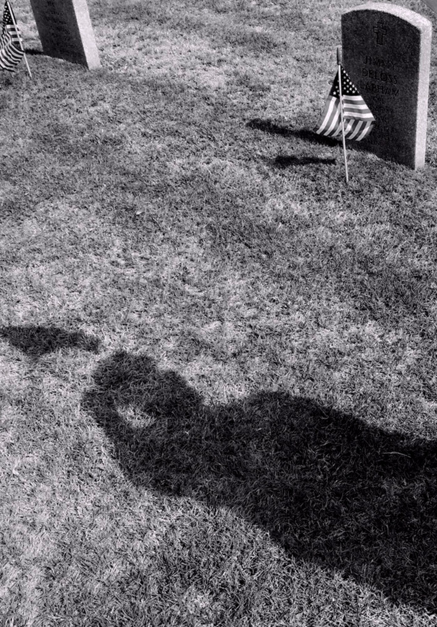 A shadow is cast across the grass during a Memorial Day flag laying event at Florida National Cemetery in Bushnell, Fla., May 24, 2015. Hundreds of volunteers placed American flags in front of more than 300 acres of headstones belonging to military veterans. (U.S. Air Force photo by Senior Airman Bulow-Gonterman/Released)  