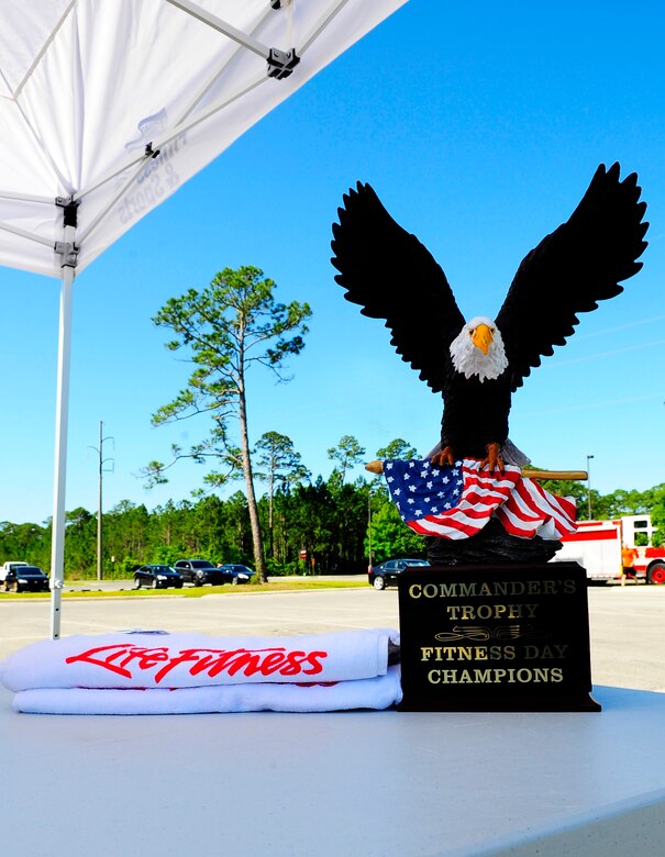 The Commander’s Trophy was presented to the winning team during Hurlburt Field fitness day to celebrate the Air Force Fitness Month at Hurlburt Field, Fla., May 6, 2015. Air Force Fitness Month promotes physical wellness and teaches Airmen how being "fit" plays a vital role in the quality of military life. (U.S. Air Force photo/Airman 1st Class Andrea Posey)