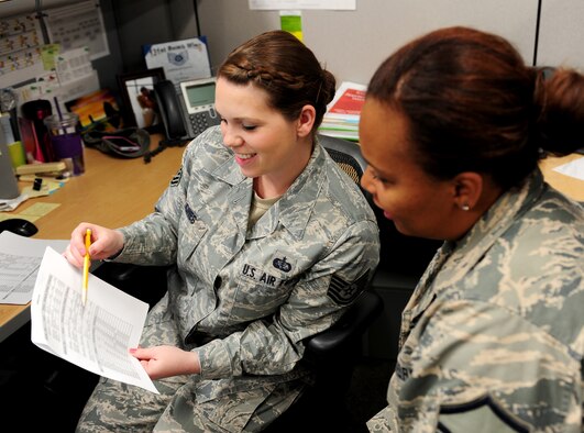 Tech. Sgt. Tara Jones, left, 131st Bomb Wing Force Support Squadron services management and programs assistant, and Master Sgt. Rayna Scott, acting 131st BW FSS services superintendent, look over a lodging roommate spreadsheet May 26, 2015, at Whiteman Air Force Base, Mo. The spreadsheets are sent to hotels so Service members of the 131st BW Missouri Air National Guard are accommodated during their training. Note: Spreadsheet blurred for security reasons. 

(U.S. Air Force photo by Airman Jazmin Smith)