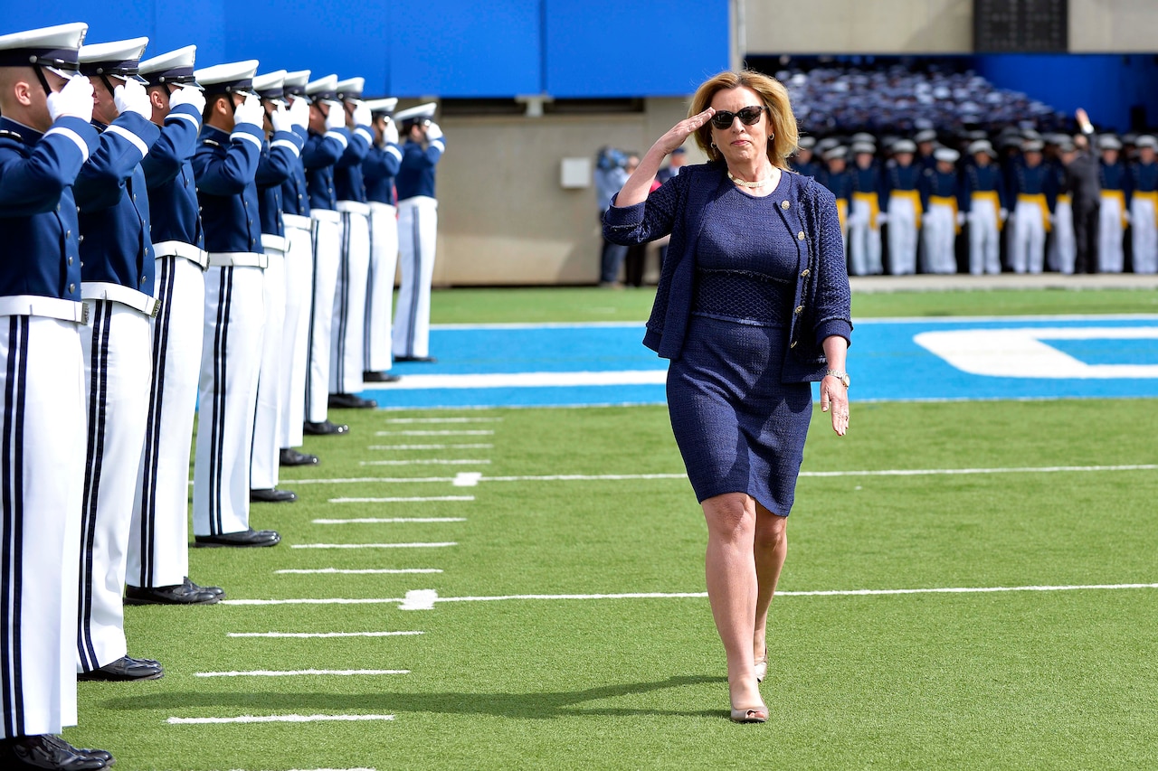 Secretary of the Air Force Deborah Lee James enters Falcon Stadium to deliver the commencement address to the U.S. Air Force Academy's Class of 2015 at Falcon Stadium in Colorado Springs, Colo., May 28, 2015. U.S. Air Force photo by Mike Kaplan