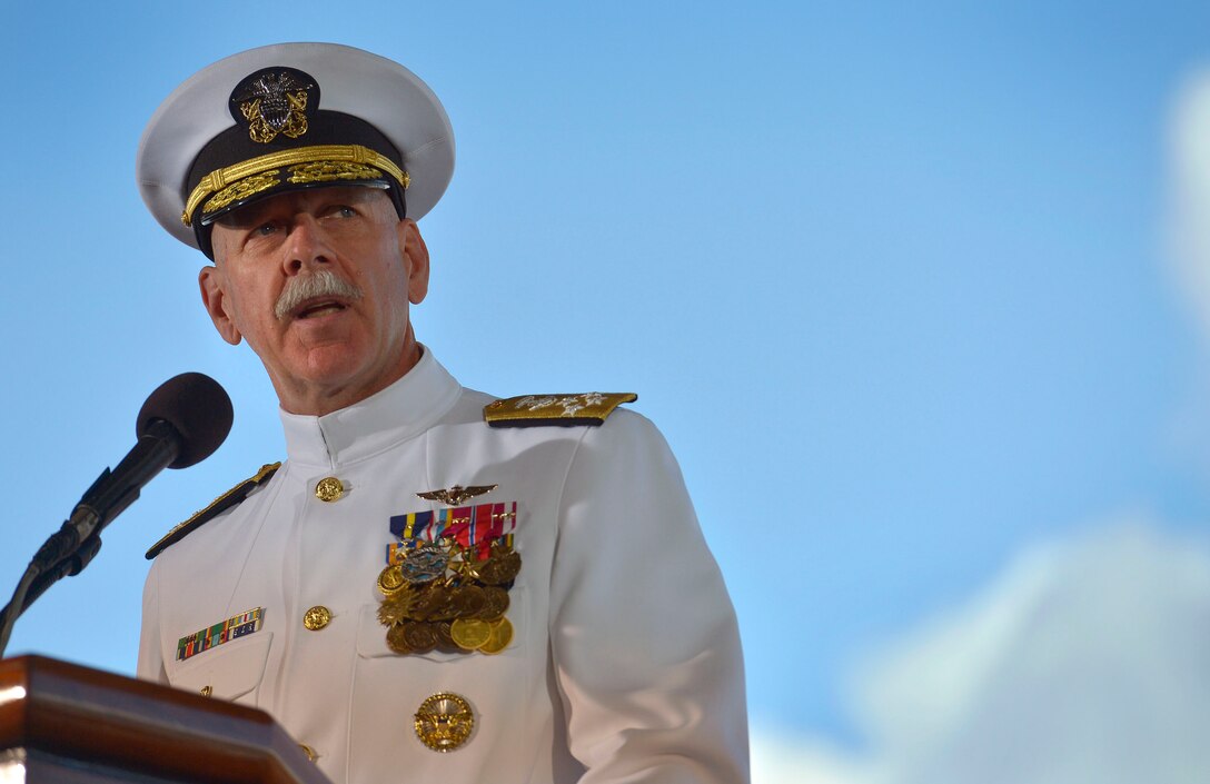 U.S. Navy Adm. Scott H. Swift delivers remarks as he assumes command of U.S. Pacific Fleet from Navy Adm. Harry B. Harris Jr. during the change-of-command ceremonies for U.S. Pacific Command and U.S. Pacific Fleet in Honolulu May 27, 2015.