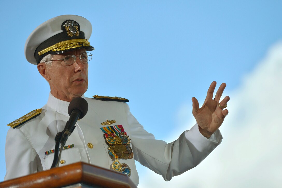 Outgoing U.S. Pacific Command Commander Navy Adm. Samuel J. Locklear, III, delivers remarks and reads his retirement orders during the change-of-command ceremonies for U.S. Pacific Command and U.S. Pacific Fleet in Honolulu May 27, 2015.