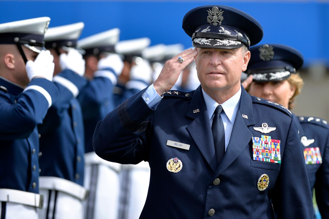 Air Force Chief of Staff Gen. Mark A. Welsh III enters the U.S. Air Force Academy's Falcon Stadium for graduation ceremonies for the Class of 2015 in Colorado Springs, Colo., May 28, 2015.