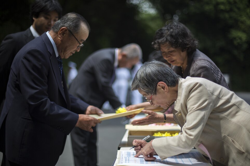 Representatives from a variety of groups or organizations check in at the Japan Good Deeds Association’s 65th Spring Commendation Ceremony at the Meiji Jingu Gathering Hall in Tokyo, Japan, May 23, 2015. The Good Deeds Association is an organization that recognizes people or groups for they’re good conduct in support of the Japanese community. The association recognized service members with Headquarters and Headquarters Squadron and Marine Aerial Transport Refueler Squadron 152 aboard Marine Corps Air Station Iwakuni, Japan, for their assistance with the Iwakuni City Volunteer Council in August 2014, after a mudslide caused by Typhoon Halong.