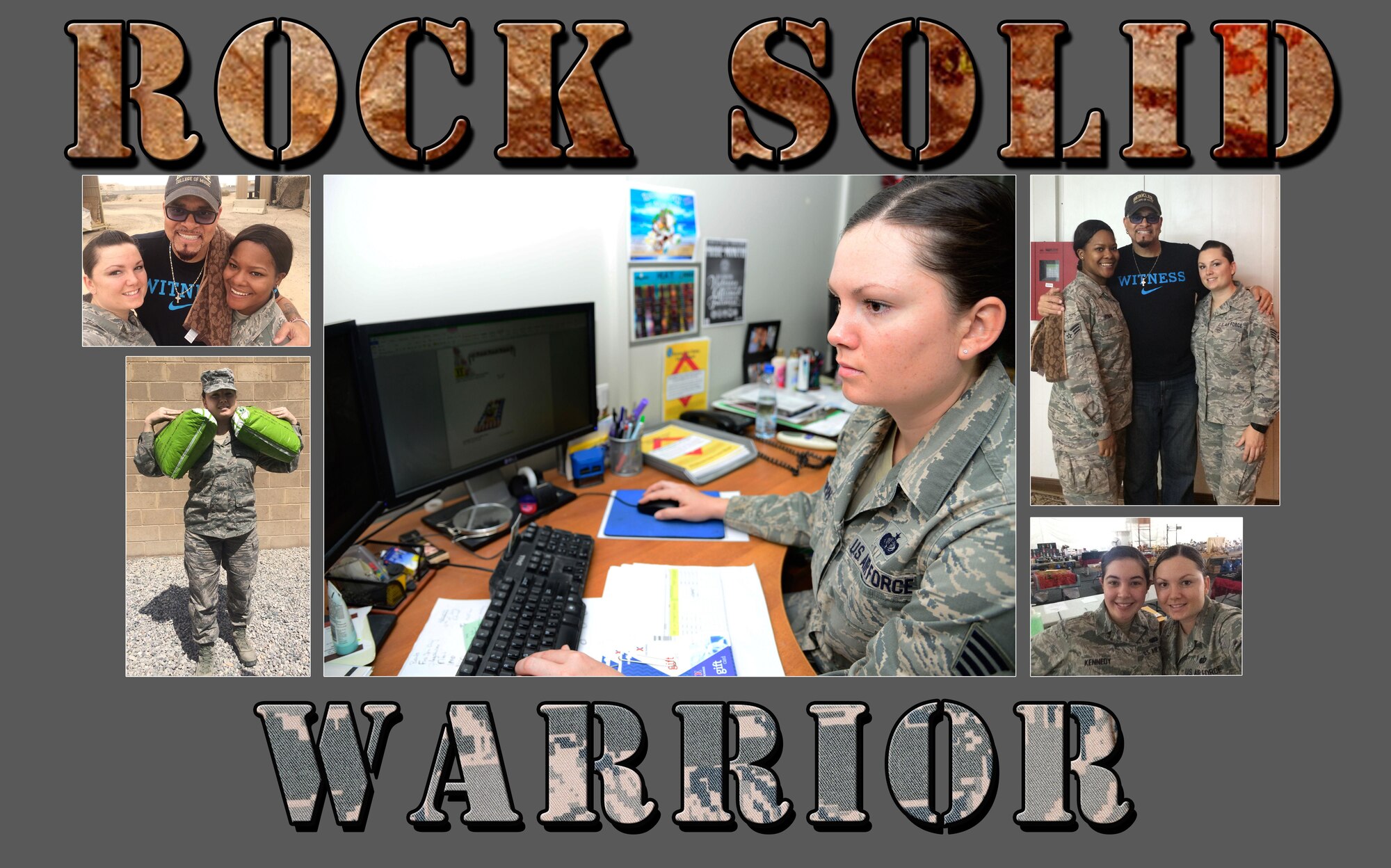 This week’s Rock Solid Warrior, Staff Sgt. Michelle Morin, is from the 386th Expeditionary Force Support Squadron. Morin supports the Rock community as an NCOIC for the Drop Zone and a special event, bazaar and spa day coordinator. The Killeen, Texas native is deployed from the 325th Force Support Squadron at Tyndall Air Force Base, Fla. (U.S. Air Force photo illustration by Senior Airman Racheal E. Watson/Released)
