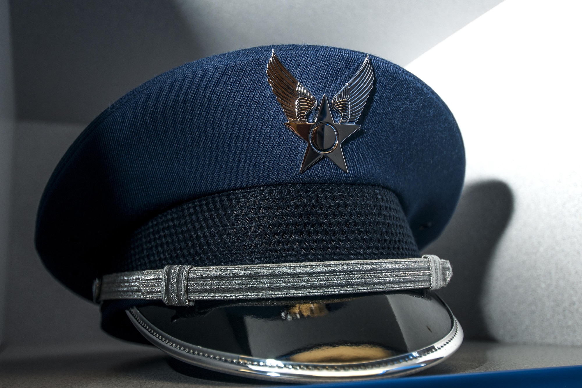GOODFELLOW AIR FORCE BASE, Texas – An Honor Guard cover sits on display in a cubby at Heath Hall April 23. In the Honor Guard, members are expected to maintain their uniforms in top condition and receive new equipment on assignment. (U.S. Air Force photo/ Senior Airman Scott Jackson)