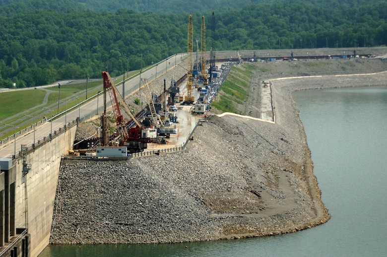 A concrete barrier wall is being constructed in the Wolf Creek Dam embankment May 2, 2012. 