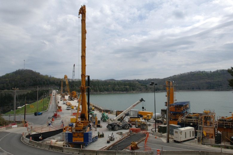 A concrete barrier wall is under construction in the Center Hill Dam embankment April 11, 2014.