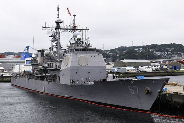 File photo of the Ticonderoga-class guided-missile destroyer USS Shiloh (CG 67) moors pierside at her forward-deployed base, Commander, Fleet Activities Yokosuka