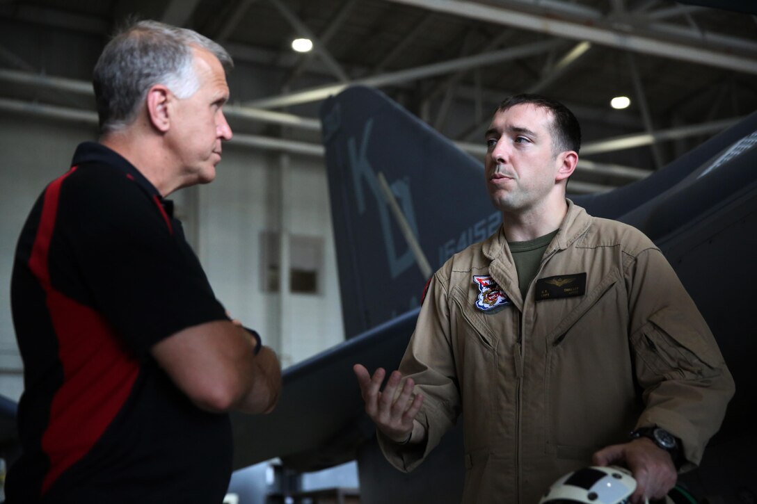 Sen. Thom Tillis speaks to Capt. Kevin Smalley about the cabilities of the AV-8B Harrier during a visit to Marine Corps Air Station Cherry Point, N.C., May 29, 2015. Tillis, a North Carolina senator, visited the air station to meet with service members and learn about the missions of Cherry Point and 2nd Marine Aircraft Wing. Smalley is a naval aviator with Marine Attack Training Squadron 203.
“My goal is to understand service members more and take care of them to the best of my abilities as they dedicate time in their life to defend our rights.” Tillis said.
