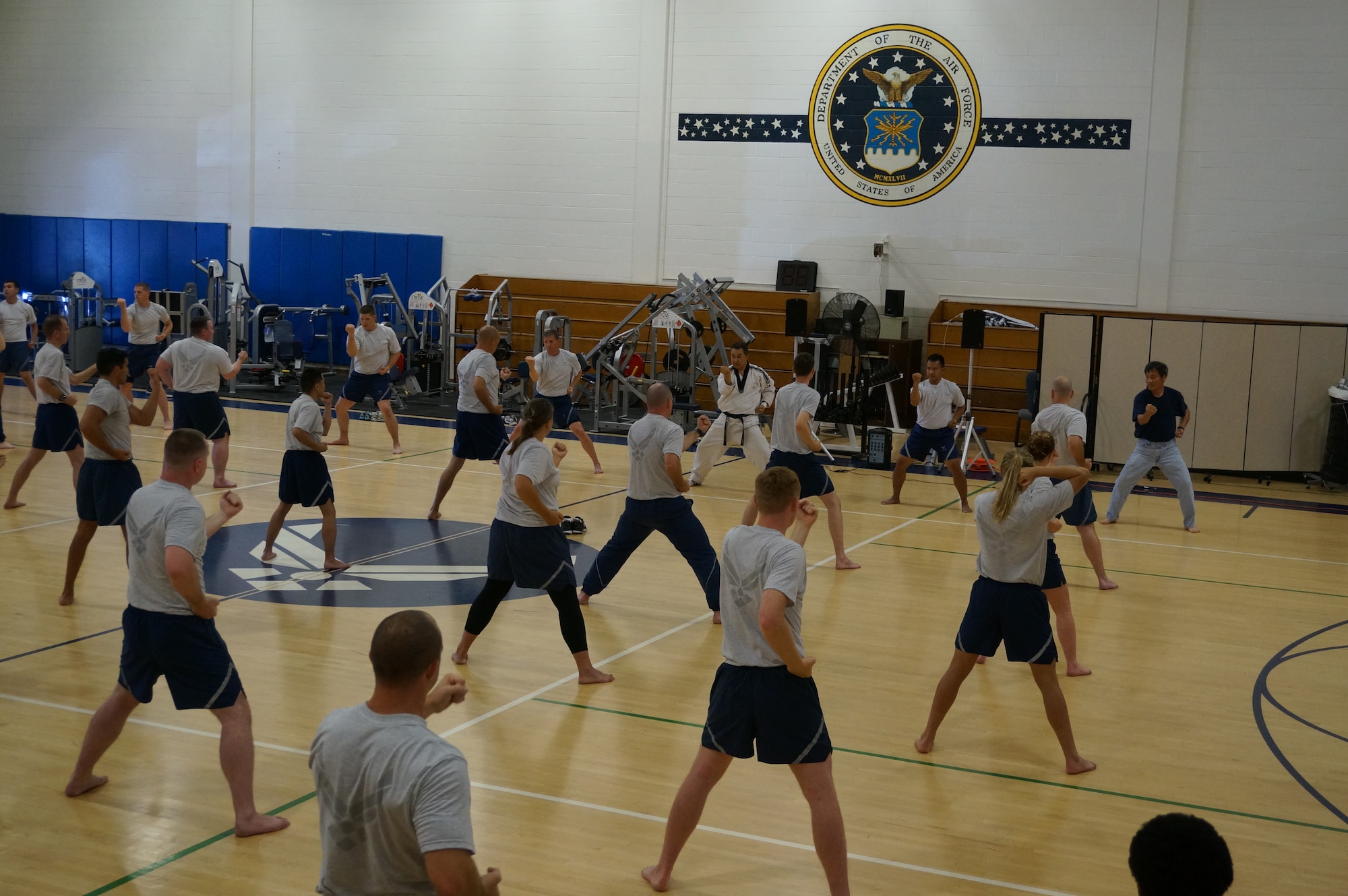 Members of the 30th Operations Group participate in a group physical training session led by Choong Man Si, Tae Kwon Do Grand Master, Aug. 14, 2014, Vandenberg Air Force Base, Calif. The martial arts practice of Tae Kwon Do challenges students to grow both physically and mentally while educating them on honor and respect. (Courtesy photo)