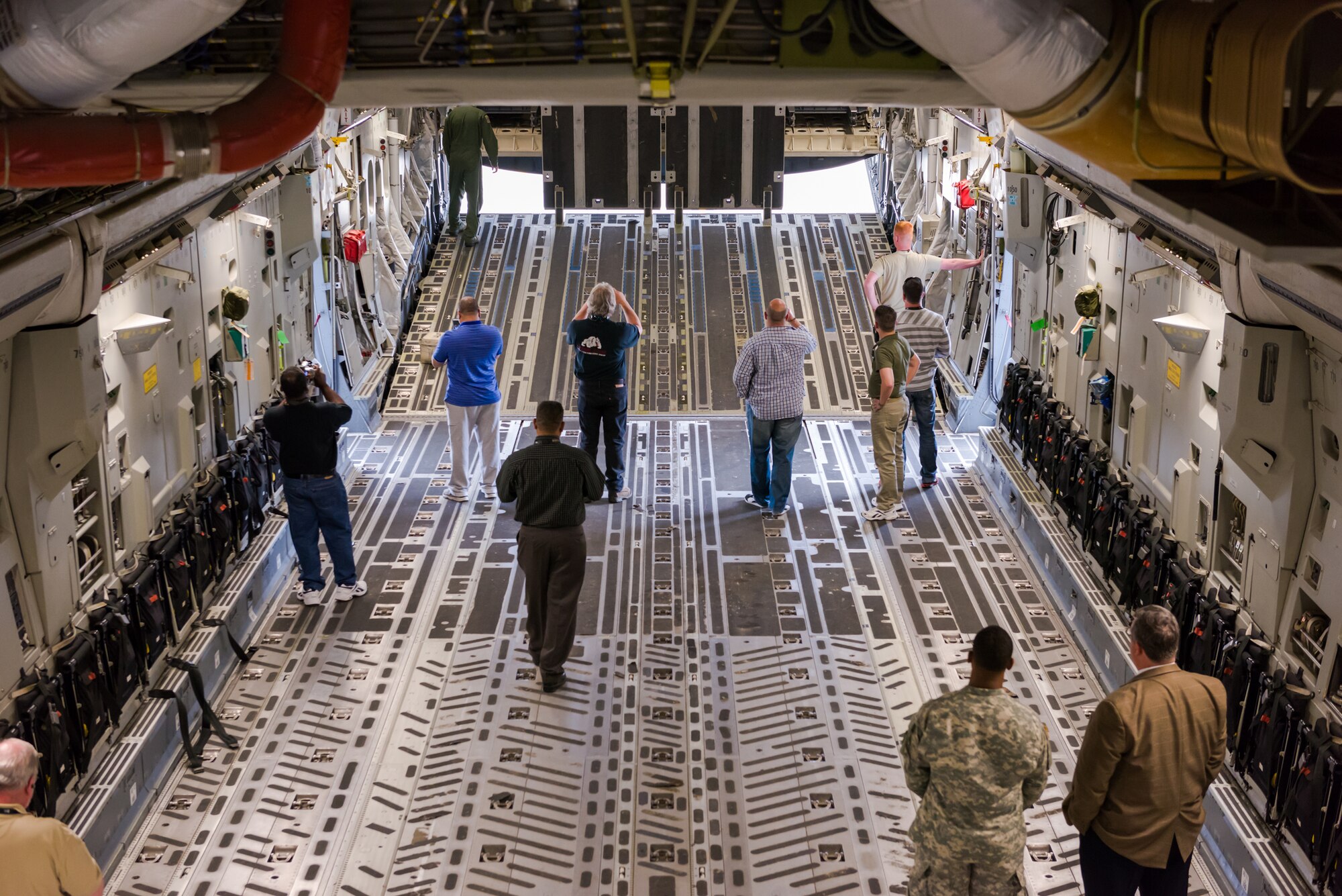 Local business leaders take photographs in a C-17 Globemaster during this year’s Seven Seals Boss Lift May 5, 2015 at Joint Base McGuire-Dix-Lakehurst, N.J. Employers were nominated to attend the event by their Citizen Service Member employees to help bridge the gap between their military life and civilian jobs, as well as showcase the training they go through. (U.S. Air Force photo by Robert Williard)