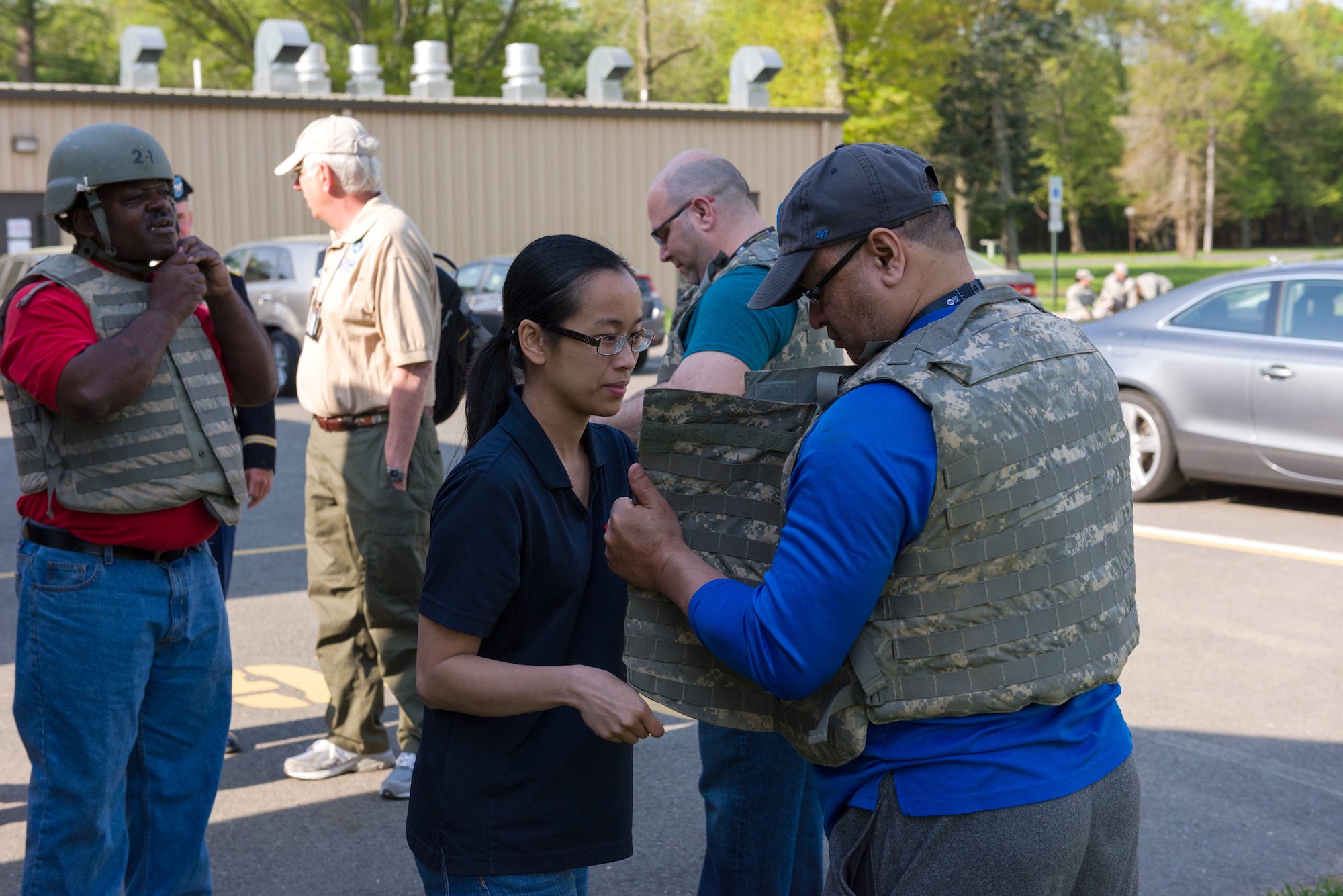 A local businessman puts on protective equipment during this year’s Seven Seals Boss Lift May 5, 2015 at Joint Base McGuire-Dix-Lakehurst, N.J. Employers were nominated to attend the event by their Citizen Service member employees to help bridge the gap between their military life and civilian jobs, as well as showcase the training they go through. (U.S. Air Force photo by Robert Williard)