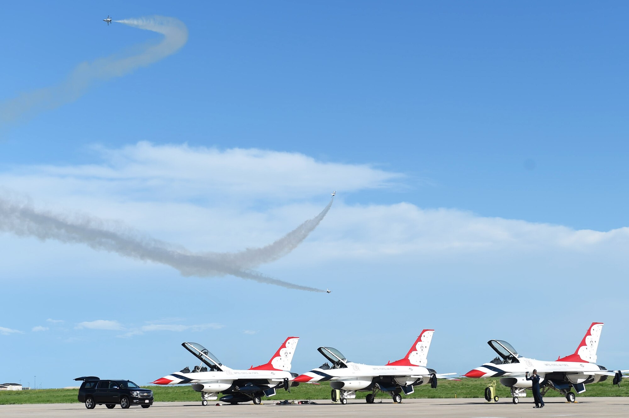 The Thunderbirds perform May 28, 2015, over the flight line on Buckley Air Force Base, Colo. The team is staging out of Buckley AFB and will be performing in the 2015 Rocky Mountain Air Show May 30-31. (U.S. Air Force photo by Airman 1st Class Samantha Meadors/Released)