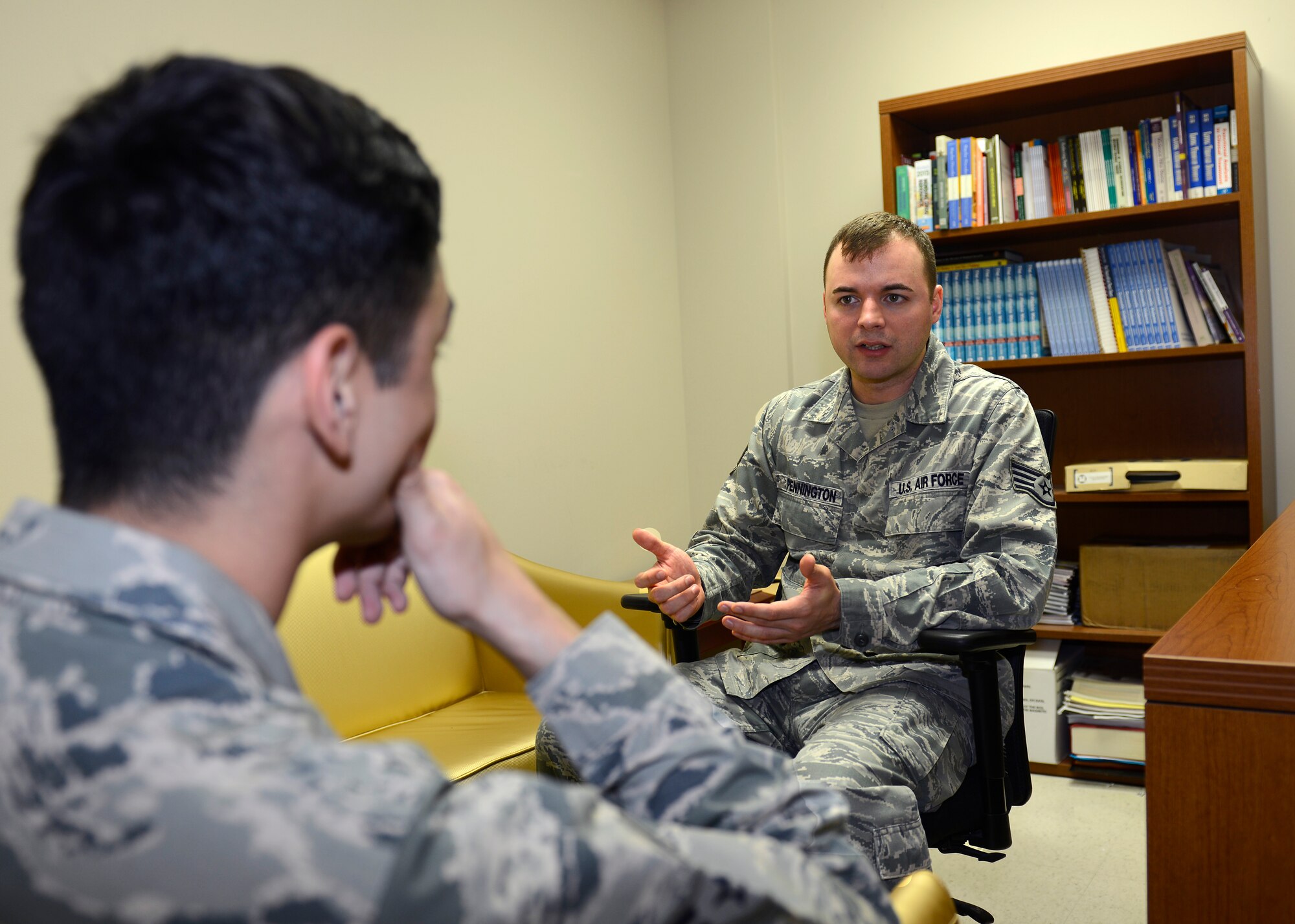 Staff Sgt. Darren Pennington, 22nd Medical Operations Support Squadron mental health technician, counsels a patient, May 28, 2015, at McConnell Air Force Base, Kan. Mental health Airmen with the 22nd Medical Group ensure the members of Team McConnell are fit to fight mentally through counselling sessions, preventative programs. For more information about services offered contact (316) 759-6300. (U.S. Air Force photo by Senior Airman Trevor Rhynes)