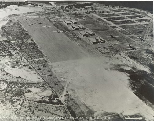 Aerial photograph of early Hickam Field from June 1938 showing early construction and flying operations. On May 21, 1935, the War Department in Washington D.C. issued General Orders No. 4 designating the Hawaiian Department flying field as “Hickam Field” in honor of Lt Col. Horace Meek Hickam. The location of the new airfield was to be adjacent to Pearl Harbor on the island of Oahu, Territory of Hawaii. (Courtesy photo provided by 15th Wing Historian)