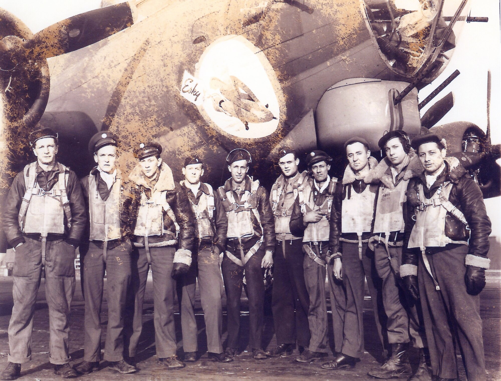 Tech. Sgt. Edward Herzog, 333rd Squadron, 94th Bombardment Group flight engineer, poses with the crew of the Esky in 1944. Herzog served as a B-17 flight engineer in World War II and his uniform is now preserved in Joint Base McGuire-Dix-Lakehurst’s U.S. Army Reserve Mobilization Museum. (U.S. Air Force photo)
