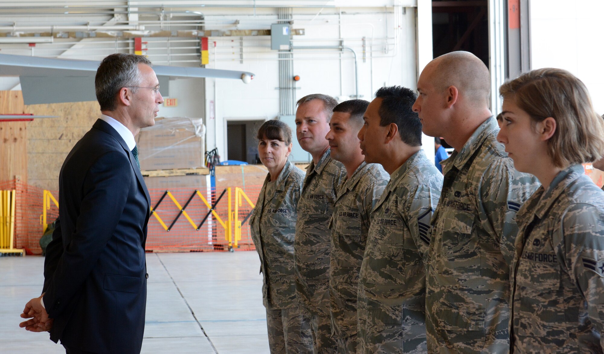 NATO Secretary General Jens Stoltenberg speaks to Airmen  of the 125th Fighter Wing, Jacksonville, Florida on May 28, 2015. 