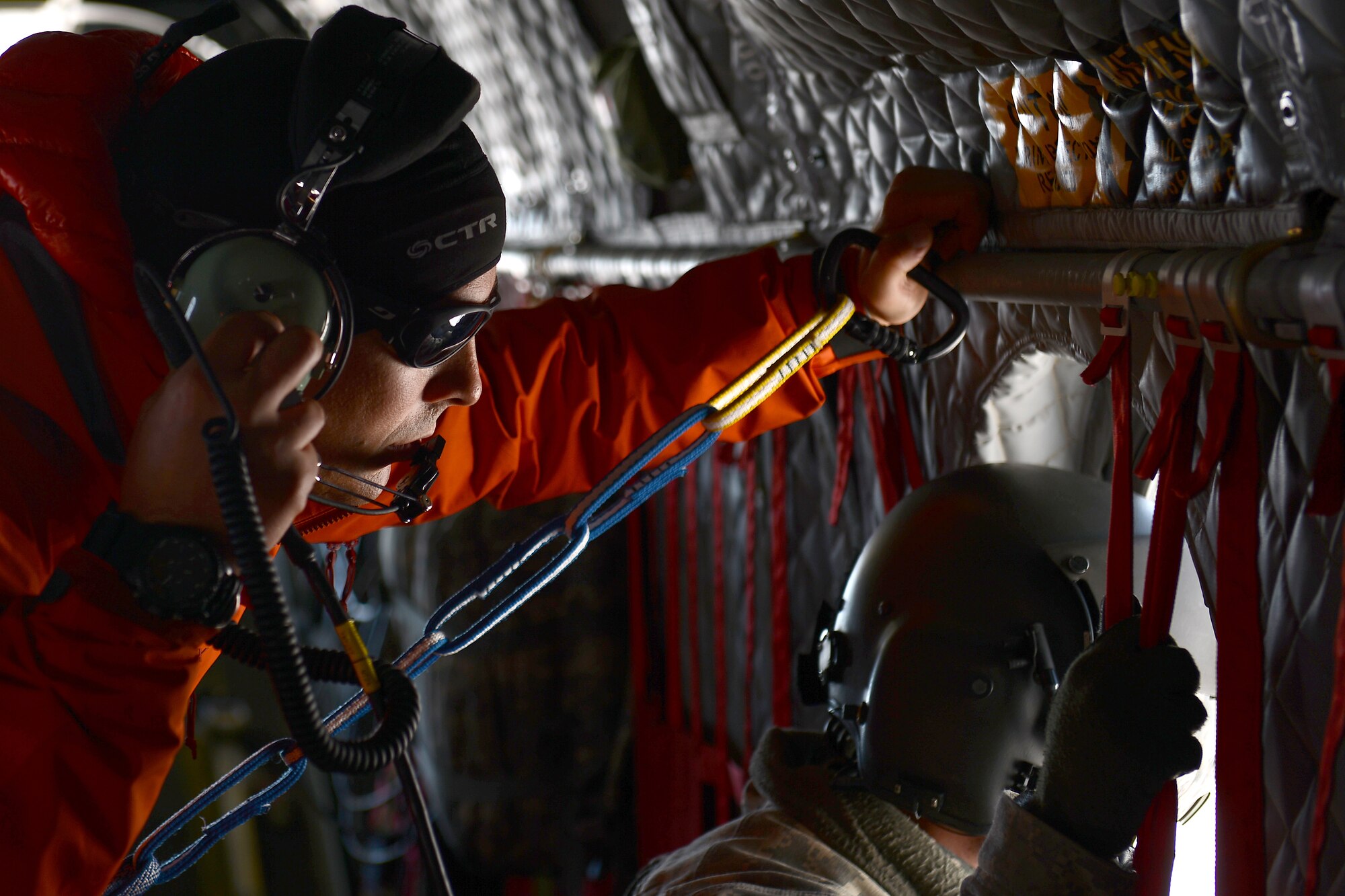 Tech. Sgt. Dean Criswell (left), 22nd Special Tactics Squadron NCOIC of rescue operations, scouts a landing site on Mount Rainer, Wash., May 15, 2015.  Criswell is a 12-year pararescuemen and trains fellow 22nd STS Airmen on mountain rescue operations. (U.S. Air Force photo by Staff Sgt. Tim Chacon)