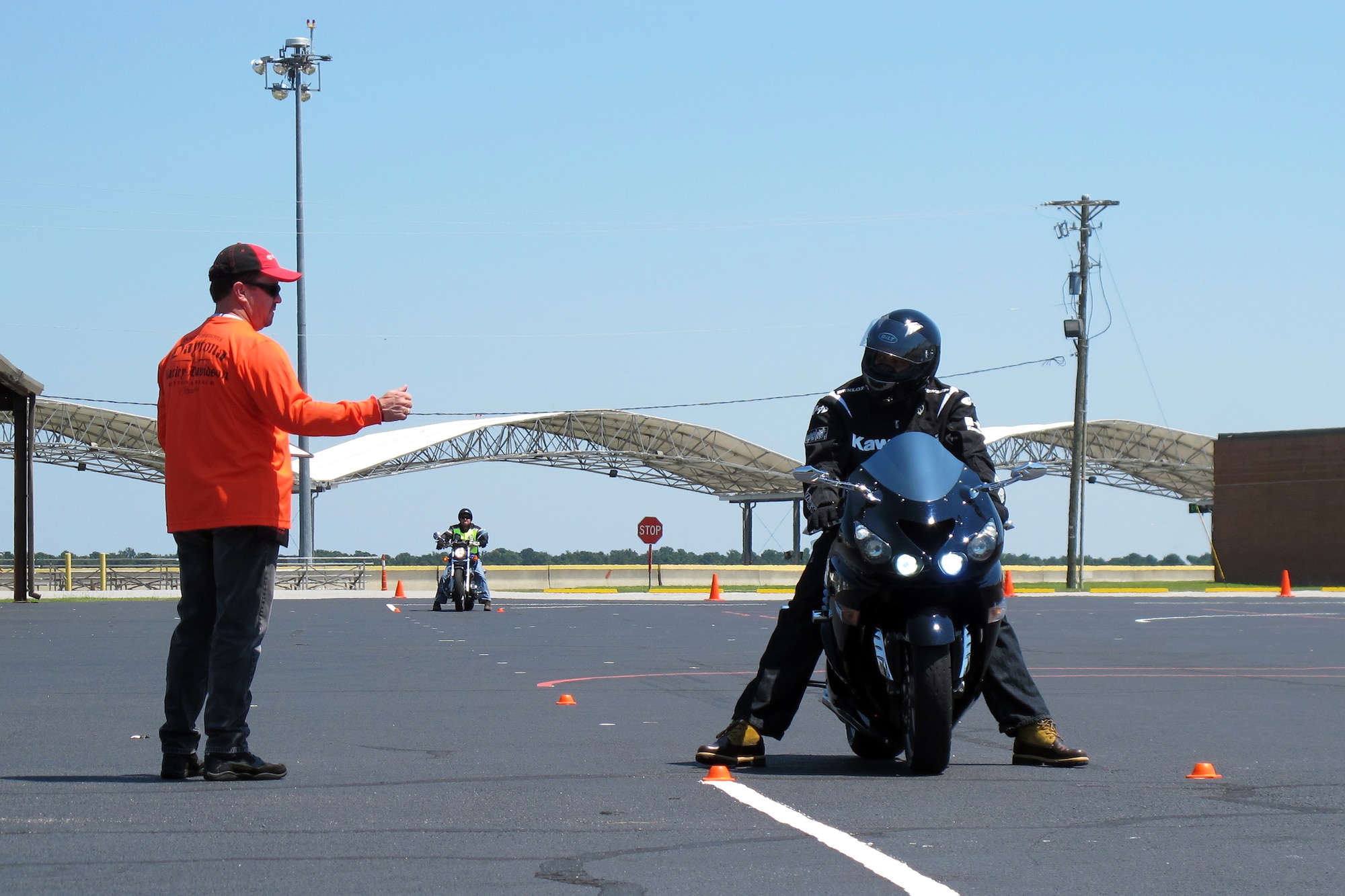 U.S. Air Force Maj. Wade Rivers and Master Sgt. Gene Croft conducted motorcycle safety training 25-26 Aug, 2012. Carolina Honda loaned two Honda motorcycles to McEntire Joint National Guard Base, S.C., to use in the Motorcycle Safety Foundation course at no cost to the base. 
(S.C. Air National Guard photo courtesy Zachary Rivers/RELEASED)