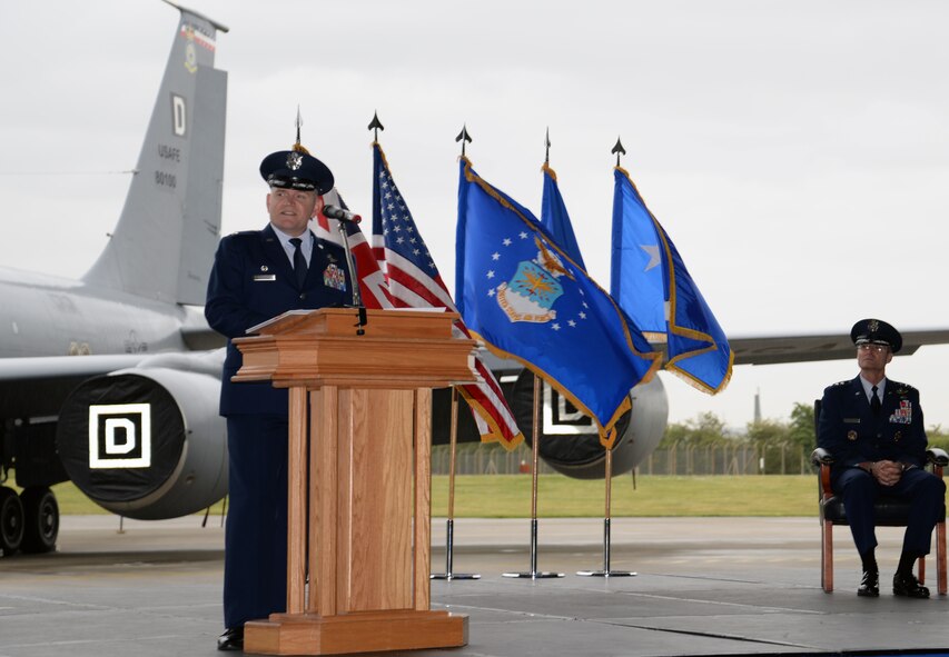 U.S. Air Force Col. Thomas D. Torkelson, 100th Air Refueling Wing commander, speaks to Team Mildenhall Airmen and members of the local community during the 100th ARW change of command ceremony May 29, 2015, on RAF Mildenhall, England. During the ceremony, Col. Kenneth T. Bibb, Jr., outgoing 100th ARW commander, relinquished command and Torkelson, 100th ARW commander, assumed authority. (U.S. Air Force photo by Senior Airman Kyla Gifford/Released)